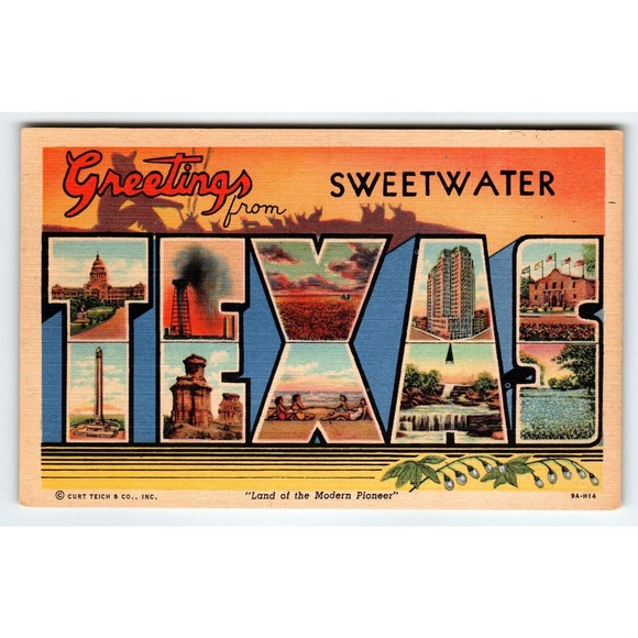 Greetings From Sweetwater Texas Large Big Letter Postcard Linen Curt Teich - Picture 1 of 2